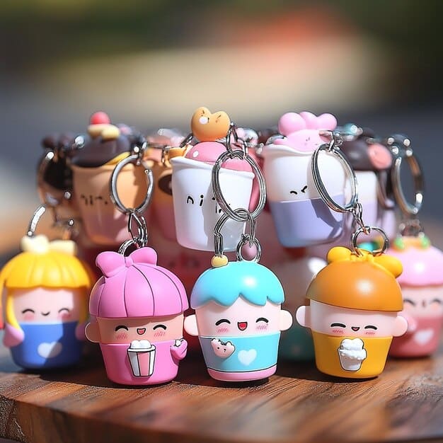 A close-up shot of various dorama merchandise items on a table, including character keychains, enamel pins, stickers, and small plushies. The items are brightly colored and feature popular dorama characters.