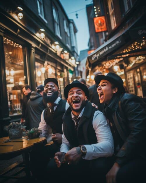 A group of dorama fans posing in front of a café in New York City, recognizable from a popular Korean drama. They carry dorama-themed merchandise and are visibly excited.