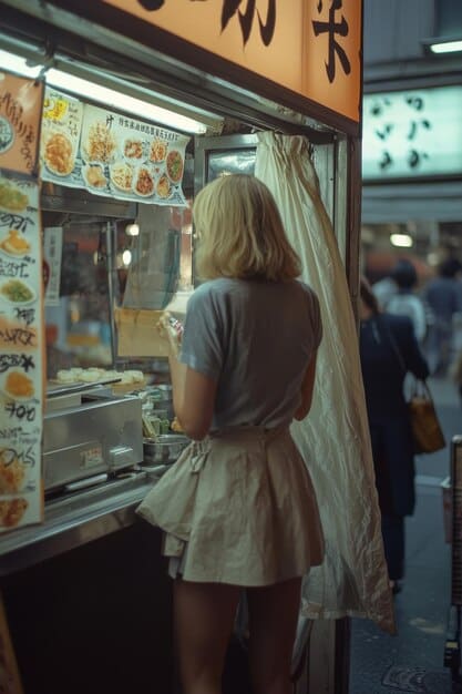 A street food vendor in Honolulu selling Korean snacks popular in doramas. Tourists are lined up, eager to try the treats they've seen on screen.