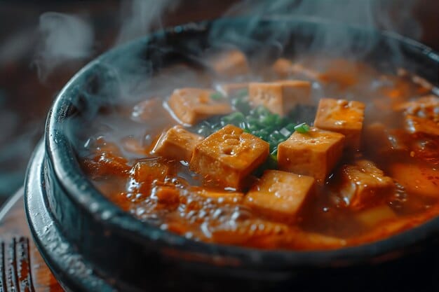 A close-up shot of a steaming bowl of kimchi jjigae, with visible ingredients like tofu, kimchi, and pork belly. The broth should appear rich and flavorful, and the image should evoke a sense of warmth and comfort.