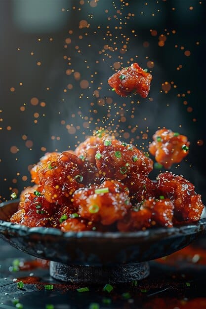 A visually appealing image of Korean fried chicken, showcasing its crispy texture and flavorful sauce. The chicken pieces should be arranged artfully on a plate, with a side of pickled radish.