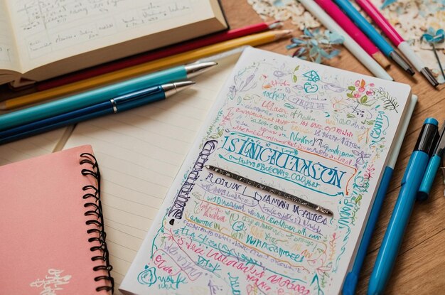 A close-up shot of a notebook filled with handwritten Korean words and phrases. The notebook is open, and a pen rests on the page. The background includes a laptop displaying a scene from a Korean drama with subtitles.