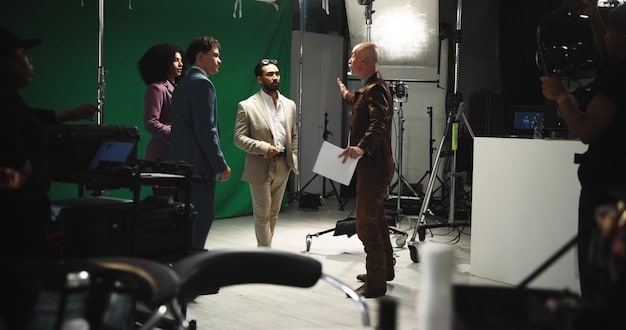A behind-the-scenes shot of a film set, showing the director giving instructions to the cast and crew, highlighting the collaborative effort that goes into producing a successful dorama.