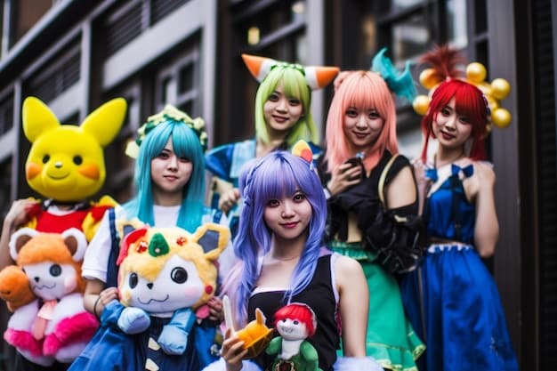A scene depicting a dorama-themed event in the US, with fans cosplaying as characters and purchasing merchandise. The image captures the enthusiastic fan base and the commercial opportunities associated with the genre.