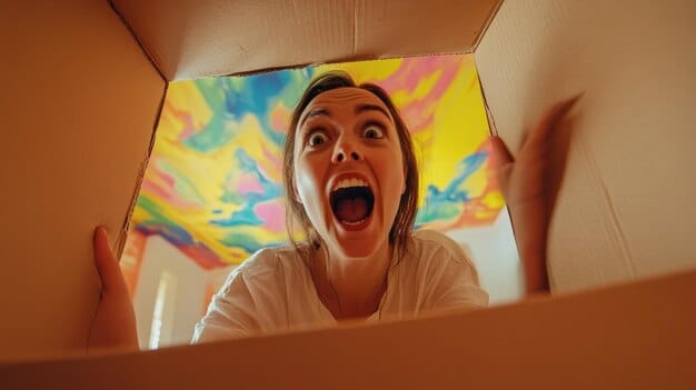 A happy dorama fan unboxing a subscription box, showing excitement and surprise at the contents within. The photo conveys a sense of joy and discovery.