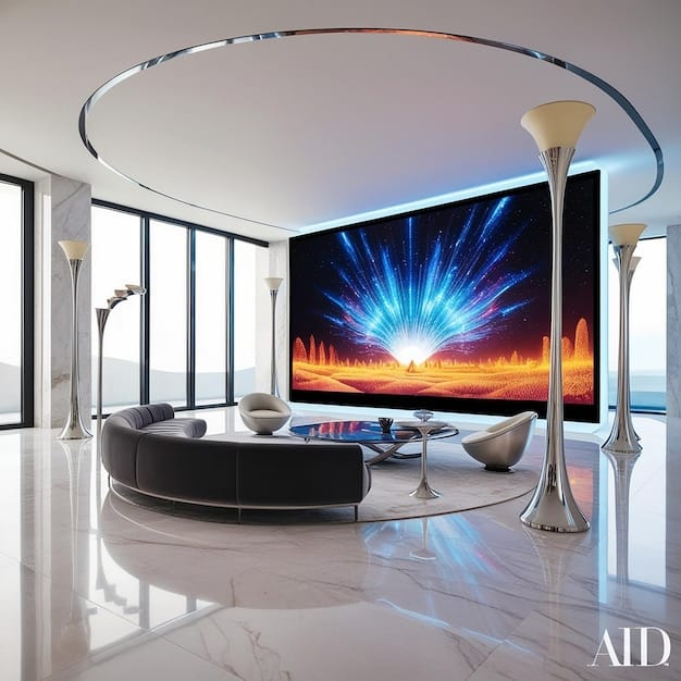 A modern living room setup featuring a large, high-definition television displaying a scene from an action movie, with sound waves visually emanating from the screen and wrapping around the seating area. A sleek soundbar is positioned beneath the TV, and ambient lighting creates a cozy, immersive atmosphere.