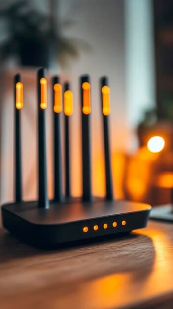 A close-up of a Wi-Fi router with signal strength indicators showing a weak or intermittent connection. The background is slightly blurred, focusing on the router's lights and antenna.