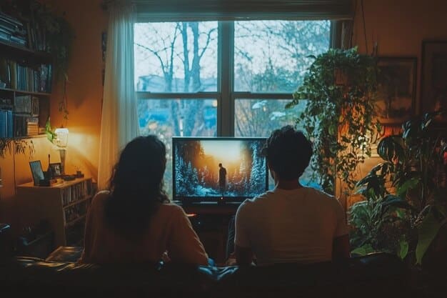 A split screen showing two different households watching the same streaming service on their TVs. The left side depicts a family watching together, while the right side shows a group of friends in a different location enjoying the same content.