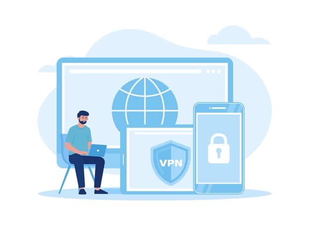 A graphic illustrating how a VPN works. It shows a computer connecting to a VPN server in another country, with the data encrypted as it travels through the internet.