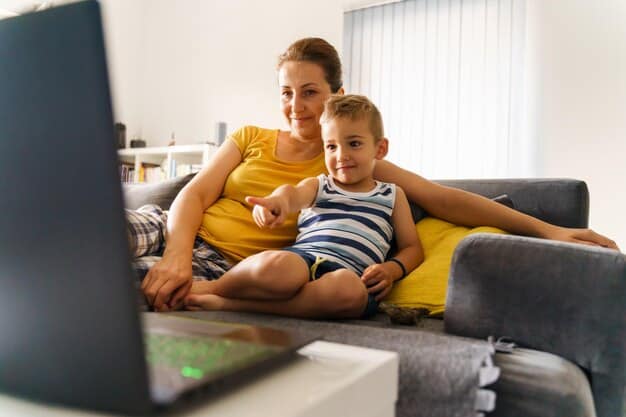 A parent and child are sitting together on a couch, watching TV. The parent is pointing at the screen and engaging in a discussion about the content, promoting media literacy and critical thinking. The atmosphere is warm and supportive, emphasizing the importance of open communication about media consumption.