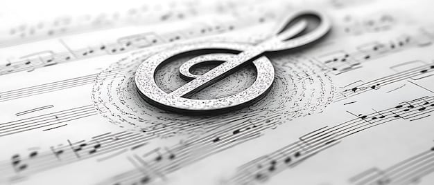A close-up shot of sheet music with a copyright symbol (©) prominently displayed. Adjacent to it, a hand clicks a secure padlock icon on a digital tablet screen. The background is blurred, enhancing the focus on copyright and legality concepts. This image is symbolic to remember to value musical creation.