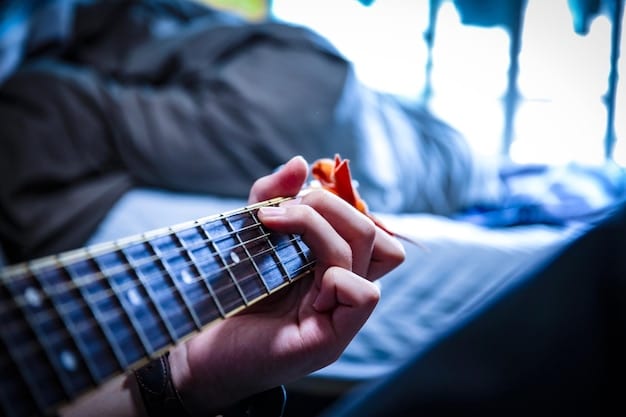 A guitar player's fingers carefully plucking the strings in a fingerstyle technique, with the guitar's soundhole visible. The image highlights the precision and control required for fingerstyle playing.
