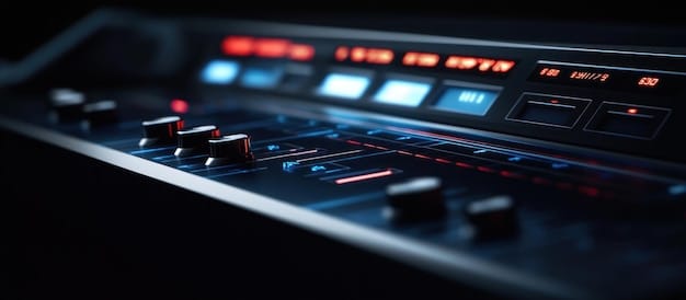 A close-up of a professional mixing console in a recording studio. The focus is on the various knobs, faders, and illuminated buttons, symbolizing the technical sophistication and evolution of K-Drama OST production.