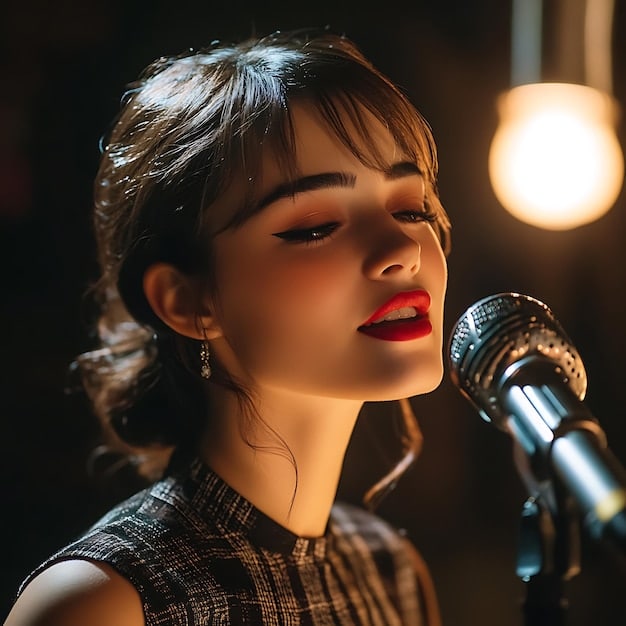 A close-up shot of a singer passionately holding a microphone, with soft lighting emphasizing their facial expressions and the emotion they are conveying while performing a K-Drama OST.