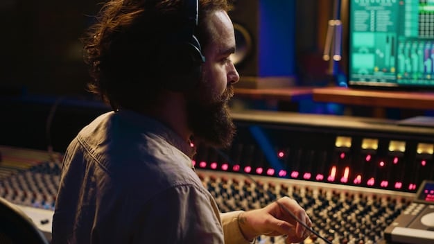 A close-up shot of a composer in a recording studio, meticulously adjusting sound levels on a mixing board, with sheet music scattered around, illustrating the detailed work involved in crafting a K-Drama OST.