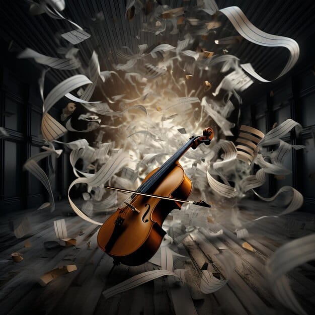 A close-up shot of a violin, with a few scattered musical notes floating around it. The lighting is soft and focused, emphasizing the instrument's curves and the delicate strings. The background is blurred, creating a sense of intimacy and emotional depth. This image represents the instrumental aspect of emotional K-Drama OSTs.