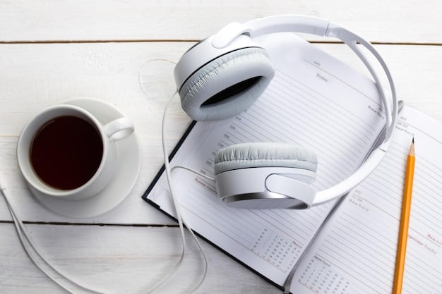 A pair of headphones resting on a table next to a notebook with musical notations and lyrics written on it. Soft, ambient lighting emphasizes the connection between music, emotion, and creative expression. The scene is staged to evoke a sense of introspection and inspiration for artists and listeners alike.
