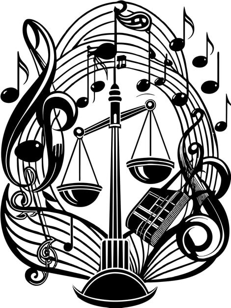 A graphic illustrating the concept of copyright law, featuring symbols for music notes, a copyright symbol, and scales of justice, all intertwined to represent the legal protection of musical works.