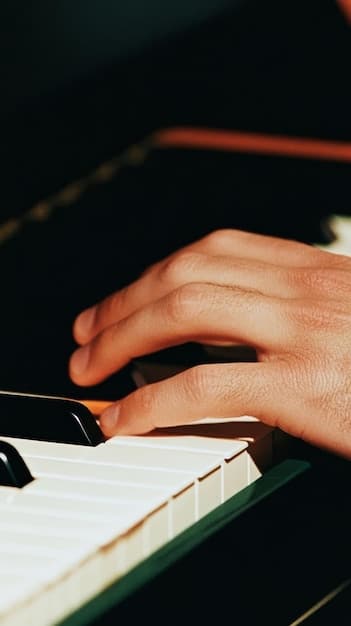 A close-up shot of a composer's hands playing a piano, with musical notes visible on the sheet music in front of them. The focus should be on the dexterity and precision of the hands, emphasizing the physical aspect of musical creation.