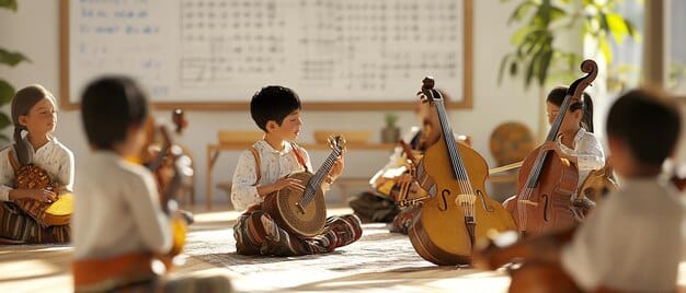 An elementary school music class where kids are playing traditional Korean instruments like the Gayageum and Janggu, with a teacher showing them how to properly hold and strum the instruments. The classroom is decorated with Korean flags and calligraphy.