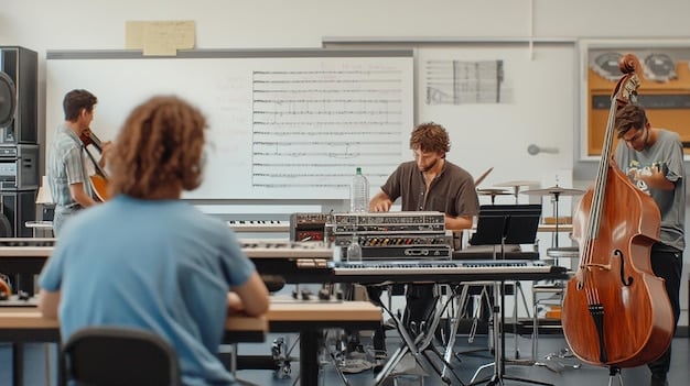 A high school or college music class where students are in a music lab with computers and headphones, composing their own K-Drama style OST using music software. The teacher walks around assisting and giving feedback.
