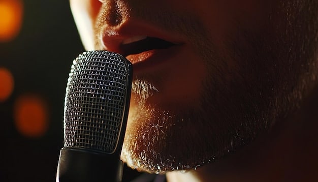 A close-up shot of a person holding a microphone, passionately singing into it with a happy expression. Behind them, a screen displays the lyrics of a K-Drama OST, creating a visually engaging karaoke scene.