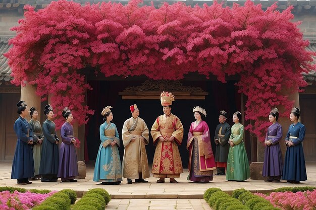 A screenshot from a popular historical K-drama, featuring actors in traditional Korean clothing and elaborate sets. The scene showcases the visual richness and attention to detail characteristic of Korean historical dramas.