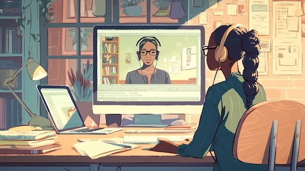 A digital illustration depicting a translator at work, surrounded by screens displaying both Korean script and English translations. The image conveys the complexity and skill involved in accurately conveying meaning across languages.