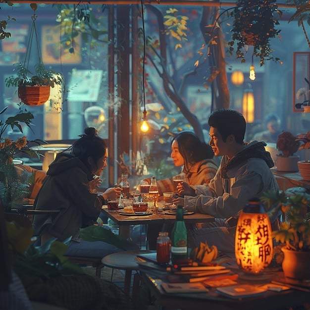 Image depicting characters in a K-Drama sharing a meal together, highlighting the importance of food and community within the culture, with warm lighting and cozy atmosphere.
