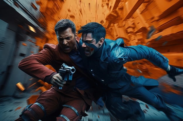 A dynamic still from an action-packed K-drama, featuring a character in a high-speed chase or intense fight scene. Emphasis is on the gritty realism and visual intensity.