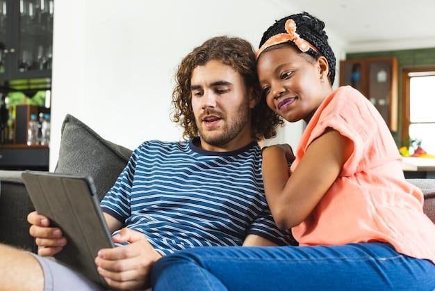 A father and his teenage daughter sitting on a couch, scrolling through a streaming app on a tablet. The father is pointing at the screen while the daughter is laughing. They are in a bright home setting, looking through K-drama options.