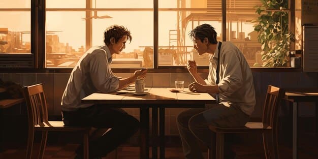 A close-up of two K-drama characters having a friendly argument, with speech bubbles highlighting a common slang phrase used during disagreements.