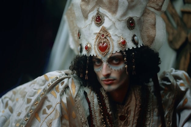 A still from a popular historical K-drama, focusing on the elaborate traditional costumes and makeup of the main characters during a royal court scene.