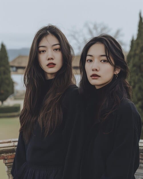 A side-by-side comparison of two actresses portraying the same character in a K-Drama and its US remake. The K-Drama actress is dressed in traditional Korean attire, while the US actress is in modern American clothing. The image highlights the differences in cultural representation.
