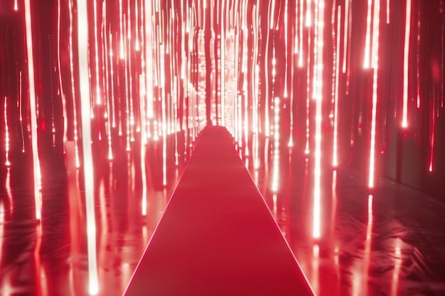 A wide shot of a red carpet event at a K-Drama awards show, featuring elegantly dressed actors and actresses posing for photographers, with a backdrop of flashing lights and media personnel capturing the glamorous scene.