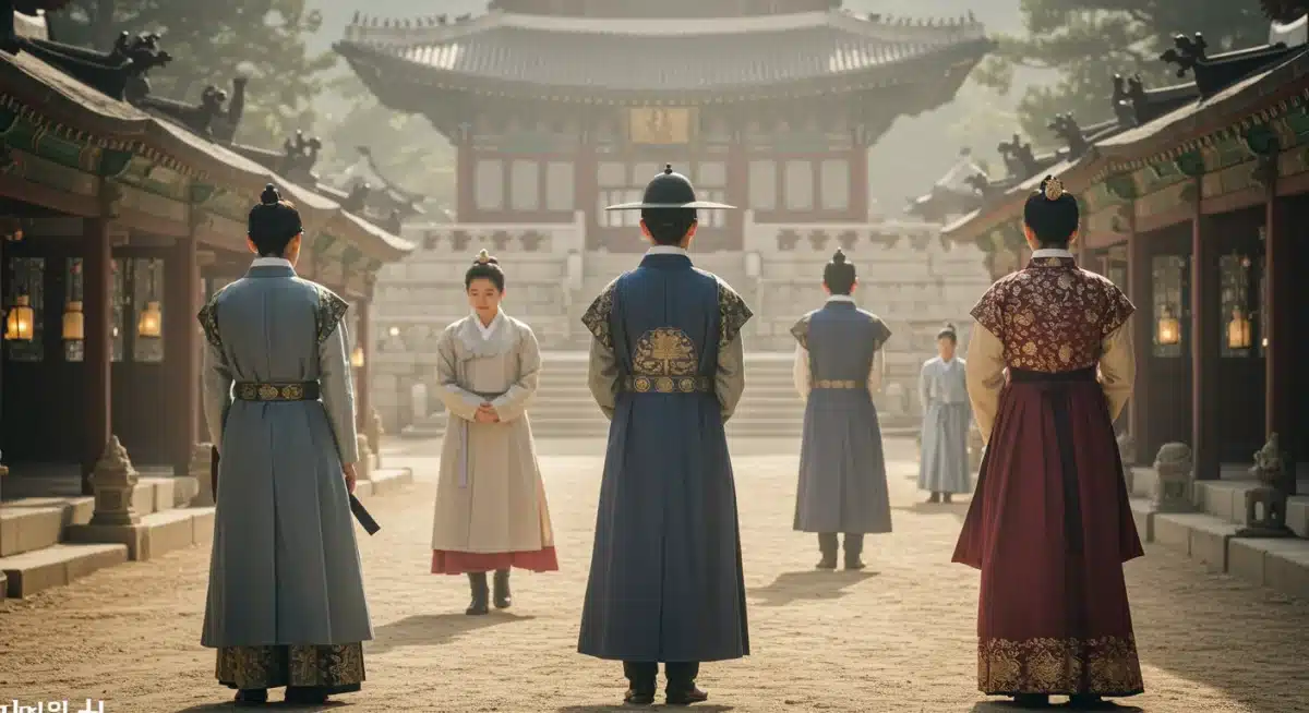 Historical K-drama scene with traditional attire and palace background