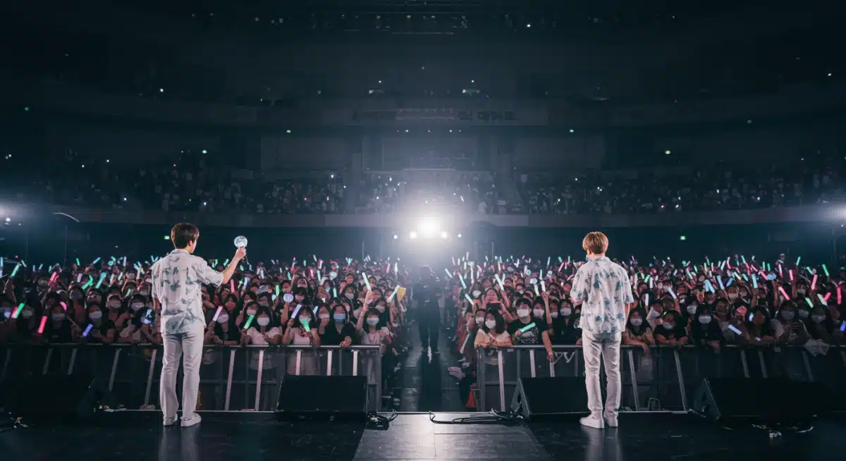 K-drama OST singer performing live on stage, captivating a diverse audience with their music.