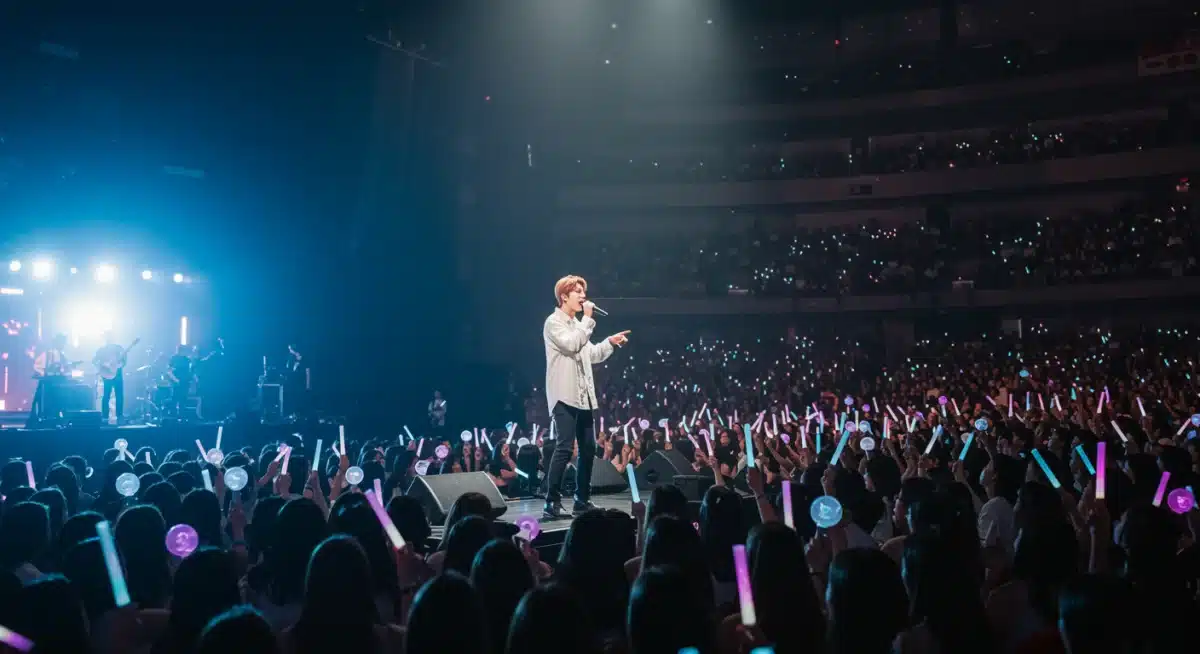 K-pop idol performing a K-Drama OST live for an American audience, highlighting global appeal.