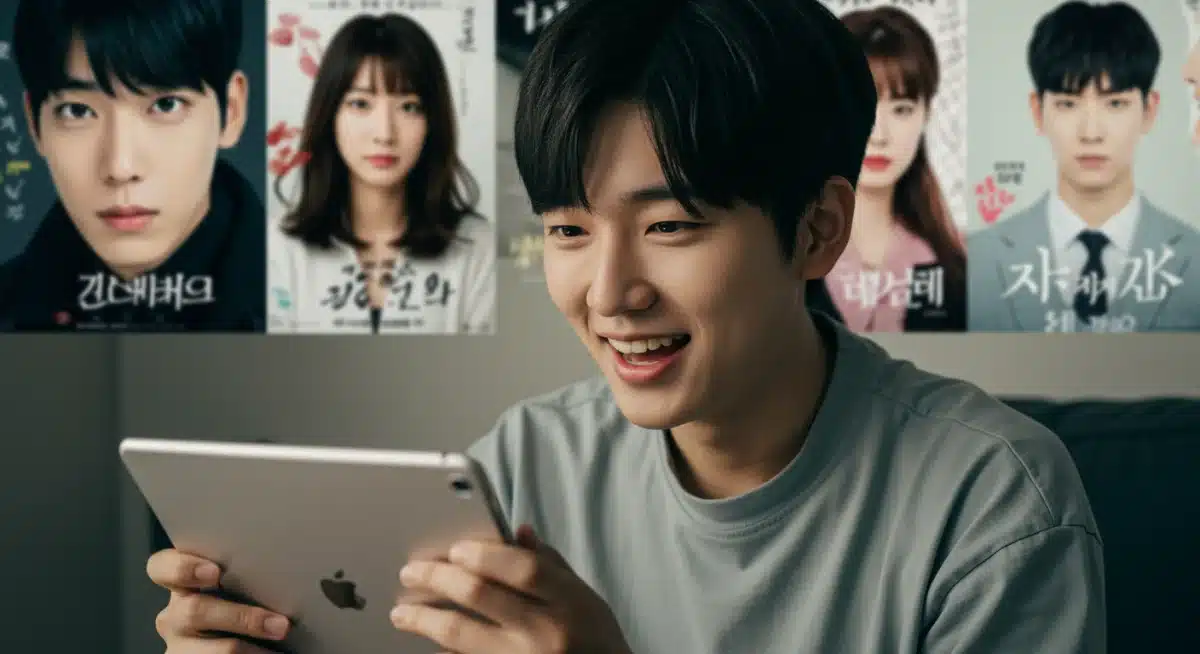 Young fan discovering K-Drama bias on screen, surrounded by popular series posters