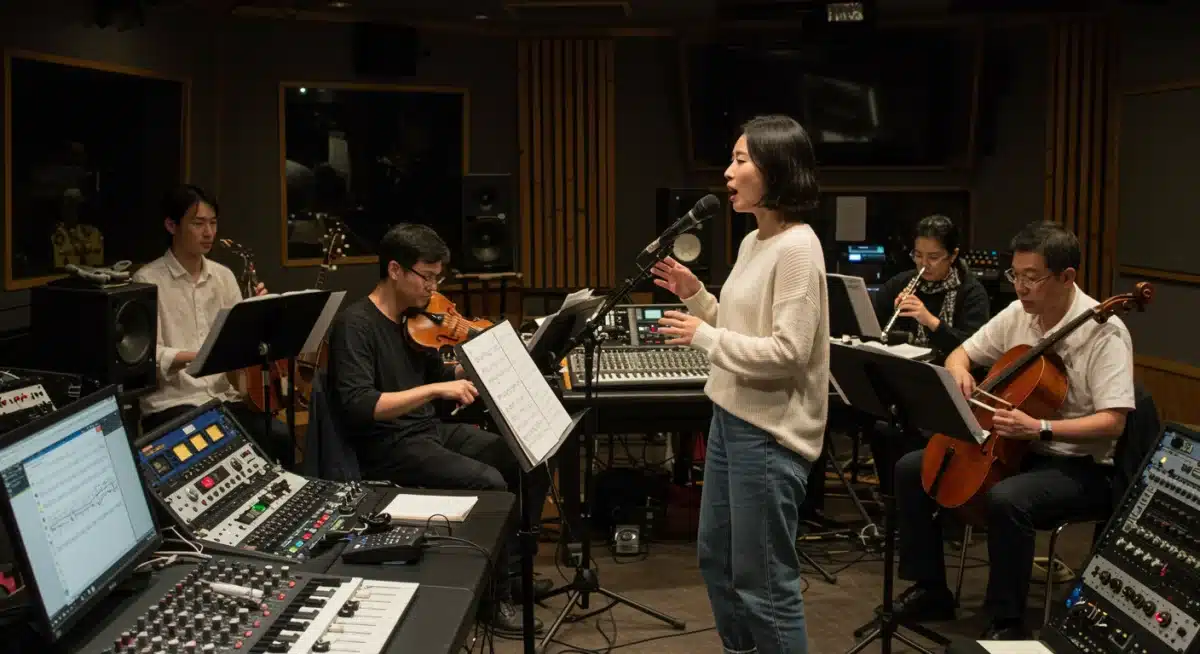 Global musicians collaborating on K-Drama OST in a recording studio