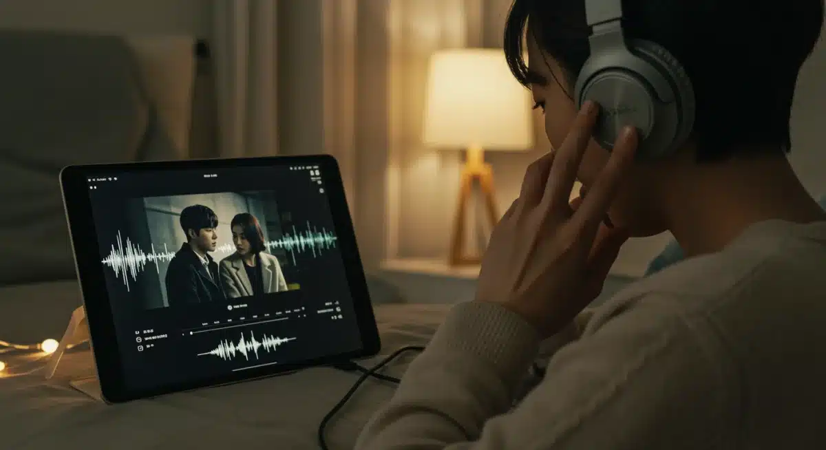 Immersive K-Drama OST listening with headphones and tablet.