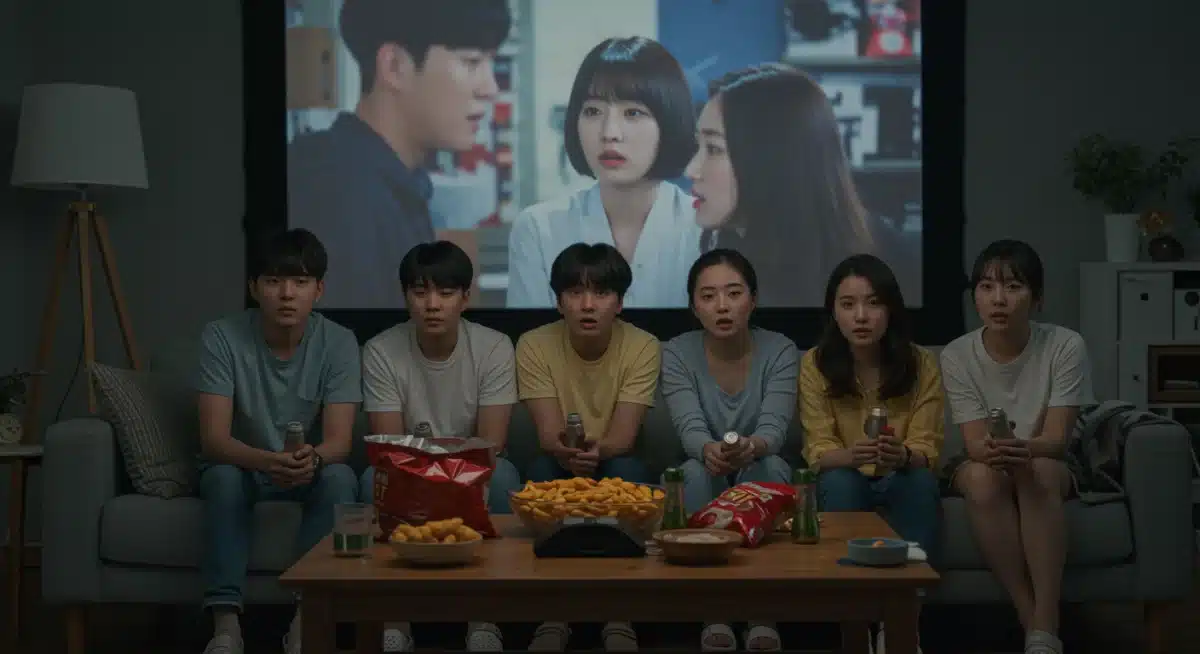 Group of K-drama fans in the US watching a drama on a screen, enjoying the shared experience.