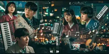 Captivating collage of K-Drama scenes, musical notes, and instruments, symbolizing the K-Drama OST experience.