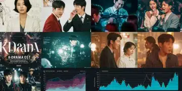 K-Drama OSTs gaining popularity on U.S. music charts in 2025, featuring diverse album art and chart iconography.