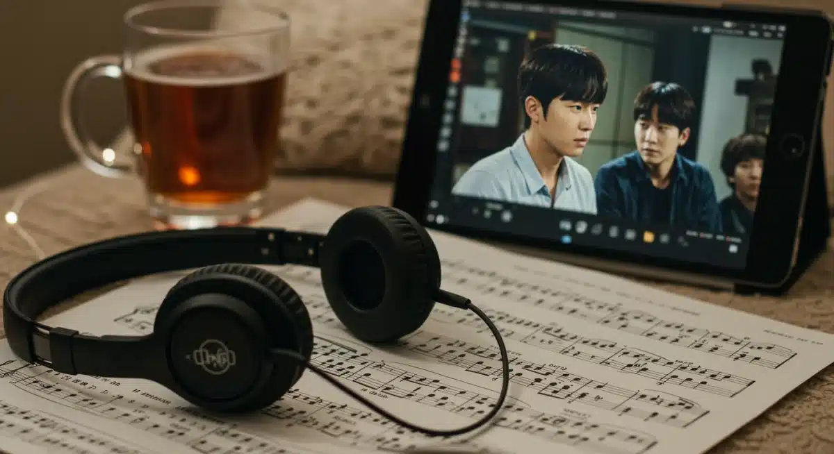 Headphones on sheet music with K-Drama scene on tablet, symbolizing immersive OST listening.