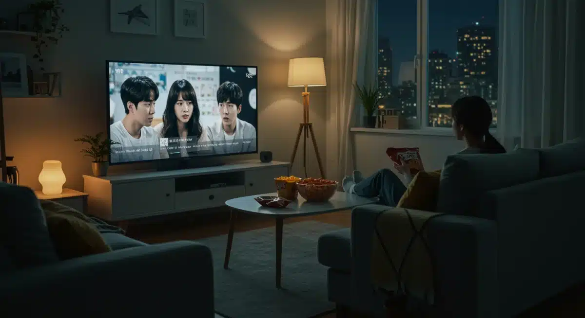 Person watching K-drama on TV in a cozy living room