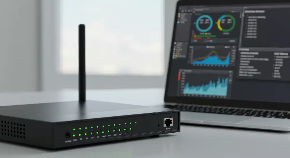 Close-up of a Wi-Fi router with blinking lights, symbolizing internet connectivity check.