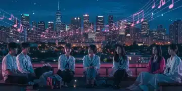 Futuristic skyline with K-Drama characters and musical notes, illustrating OST royalties