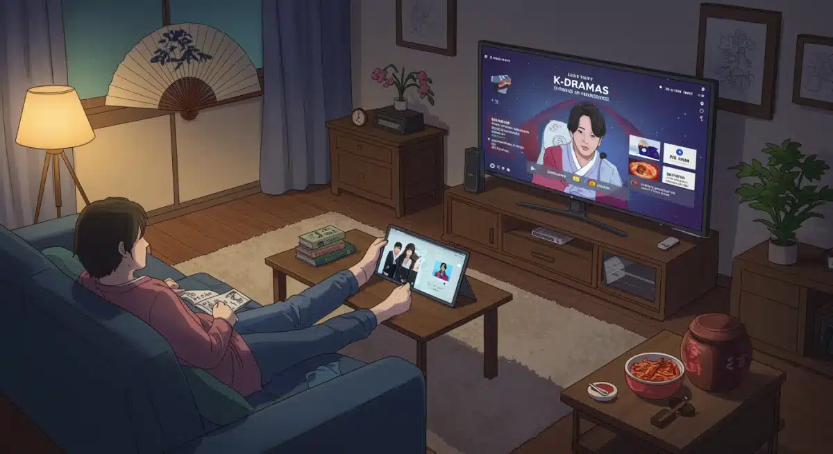 Person enjoying K-drama on a tablet, surrounded by Korean cultural items, emphasizing immersive viewing.