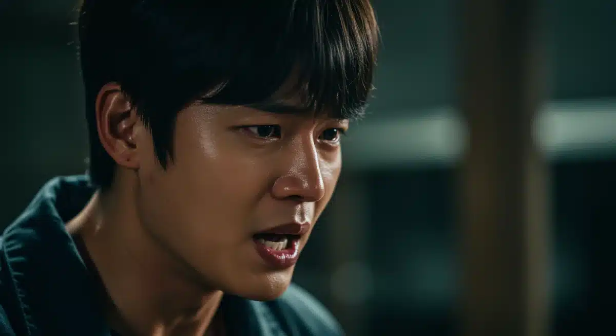 K-drama actor delivering a powerful, emotional performance in a dramatic scene, showcasing their talent.
